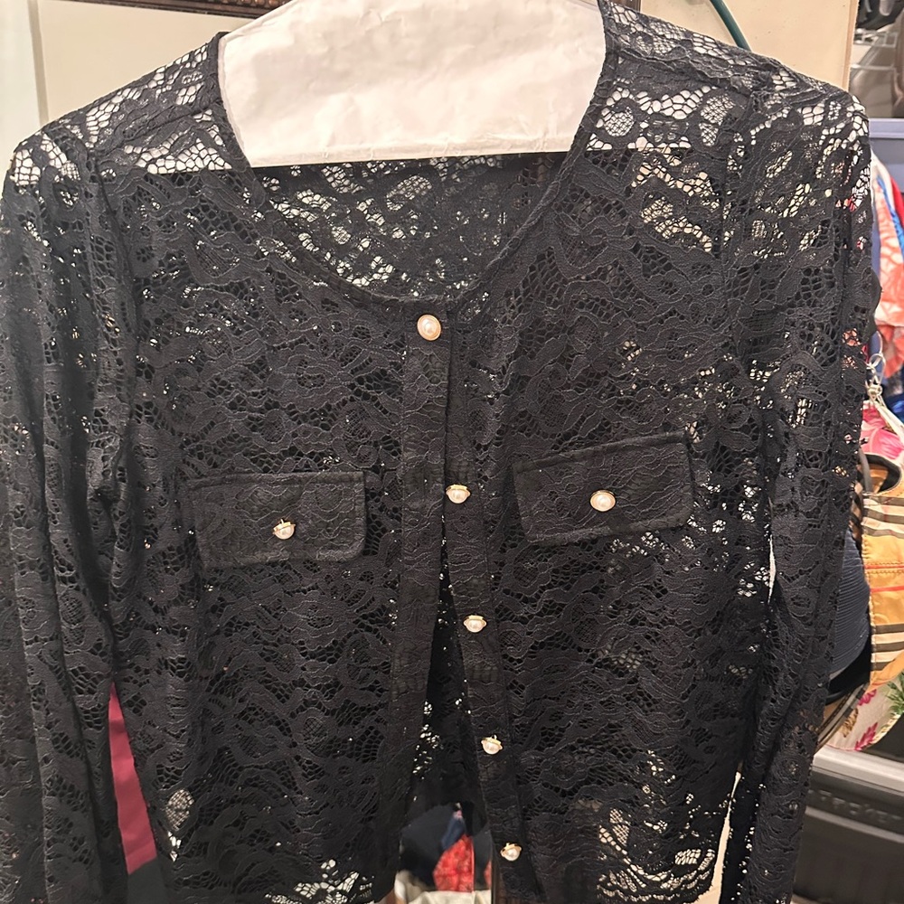 LOFT Elegant Black Lace Pearl Button Down SZ med